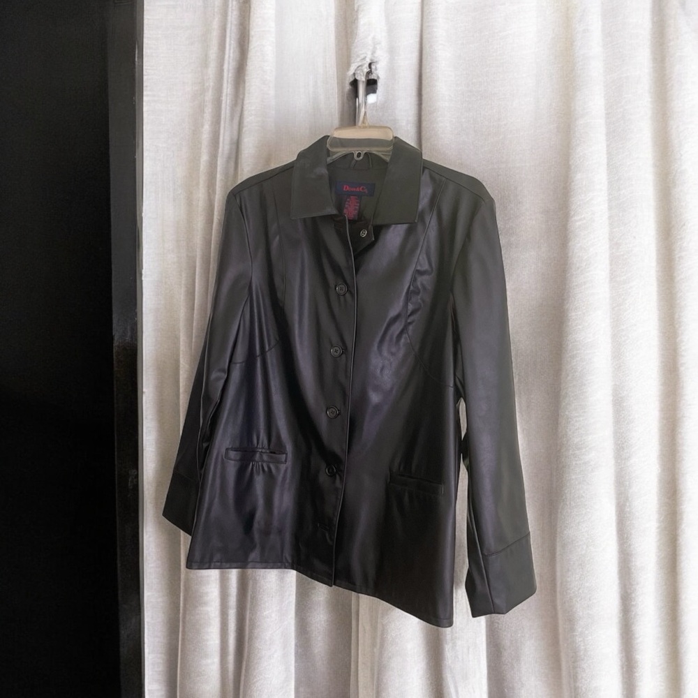 Genuine Leather Button Down Coat Black Front Pock… - image 4